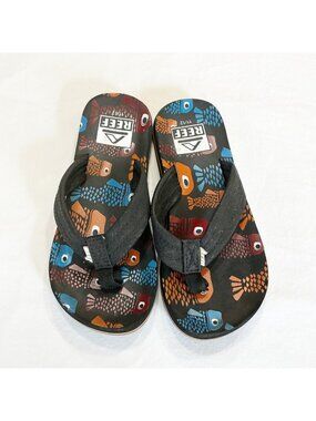 Reef Kids Lil Ahi Flip Flops Colorful Fish Size 11/12 Black Straps Lightweight